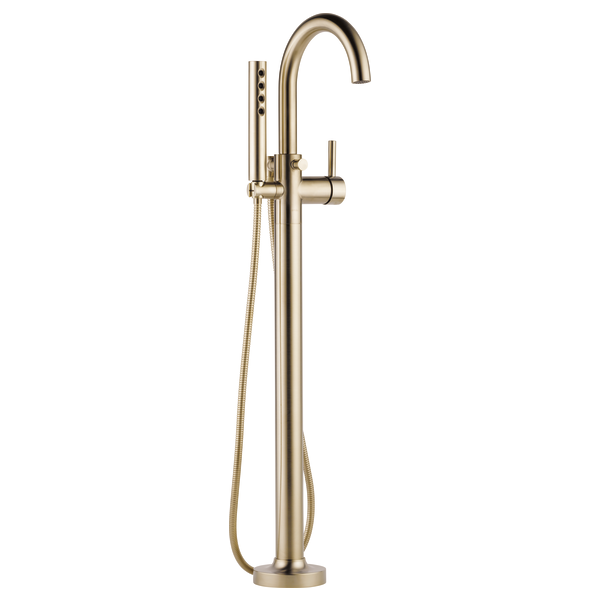 Brushed nickel freestanding tub filler with curved spout, single handle, and handheld showerhead on flexible hose.