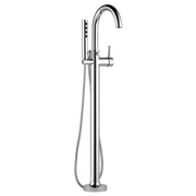 Chrome freestanding tub filler with single lever handle, curved spout, and detachable handheld showerhead.