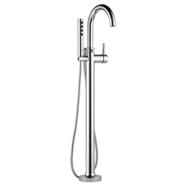 Chrome freestanding tub filler with single lever handle, curved spout, and detachable handheld showerhead.