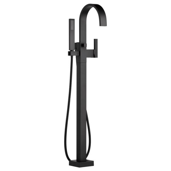 Matte black freestanding tub filler with single lever handle, curved spout, and handheld showerhead on hose.