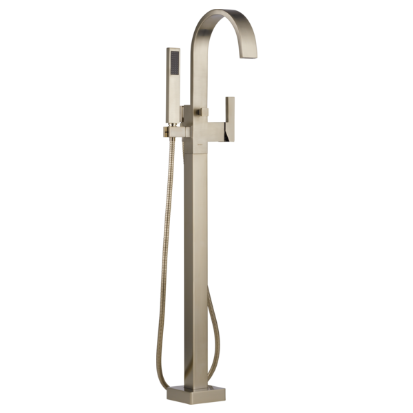 Brushed nickel freestanding tub filler with curved spout, single handle, and handheld showerhead on flexible hose.