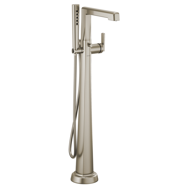 Brushed nickel floor-mount tub filler with single lever handle, curved spout, and detachable handheld showerhead on hose.