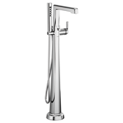 Tall chrome floor-mount tub filler with single lever handle, curved spout, and handheld showerhead with hose.