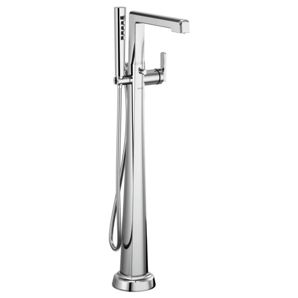 Tall chrome floor-mount tub filler with single lever handle, curved spout, and handheld showerhead with hose.