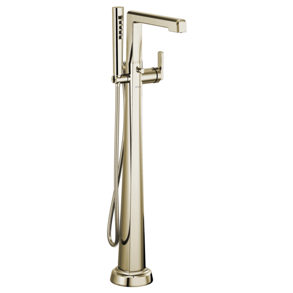 Tall polished nickel floor-mount tub filler with single handle, curved spout, and handheld showerhead with hose.