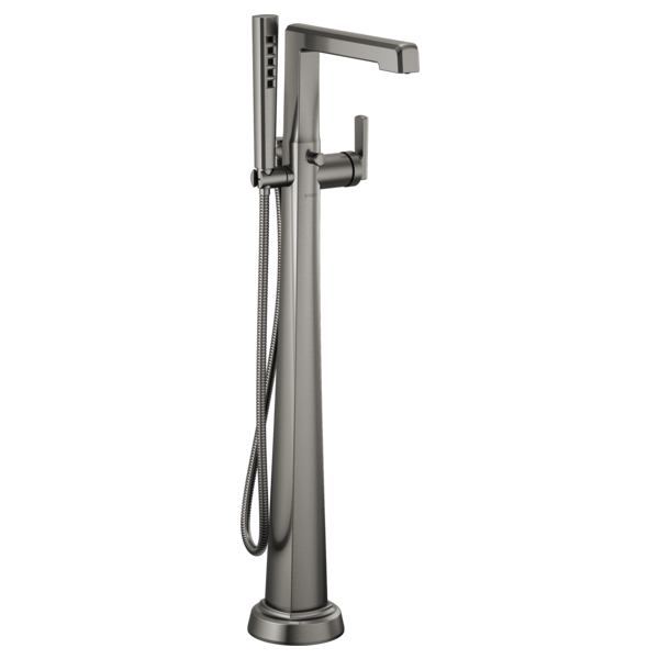 Tall chrome floor-mount tub filler with single lever handle, curved spout, and detachable handheld showerhead on hose.