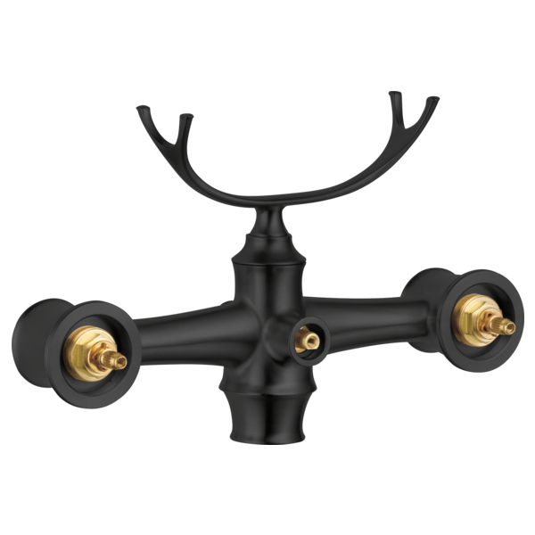 Black freestanding tub filler body assembly with curved arms and brass valve outlets, handles not included.