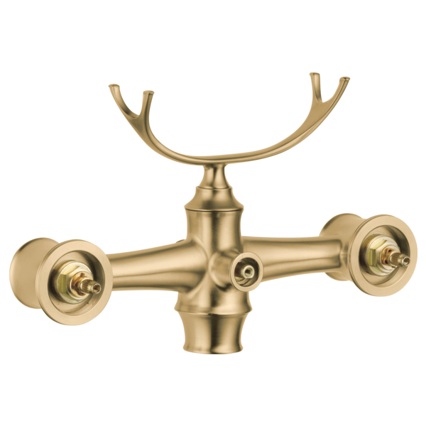 Champagne bronze freestanding tub filler body assembly with curved spout and two side valve ports without handles.