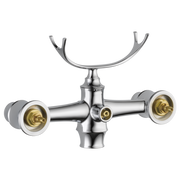 Chrome freestanding tub filler body assembly with curved spout, two handle ports, and brass valve inlets.