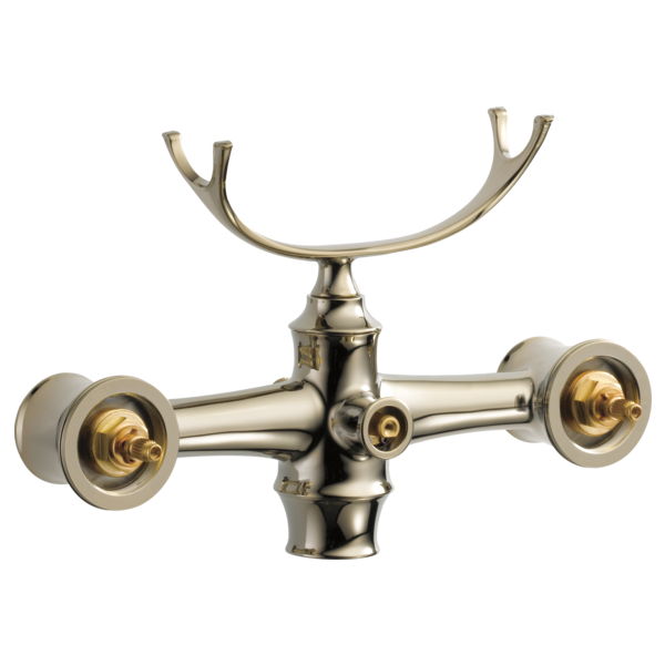 Polished nickel and brass freestanding tub filler body assembly with curved spout and two handle mounting posts.