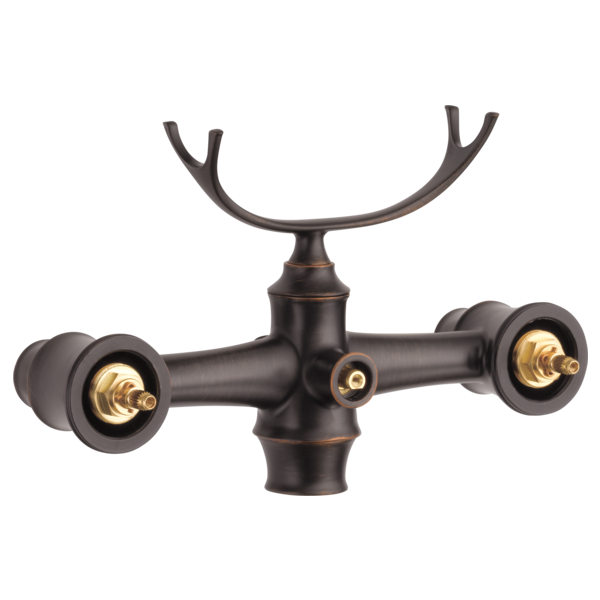 Bronze freestanding tub filler body assembly with curved handle posts and brass inlet ports, without handles.