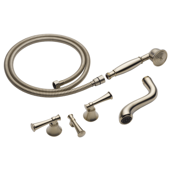 Brushed nickel tub filler trim kit with two handles, curved spout, handheld showerhead, hose, and mounting hardware.