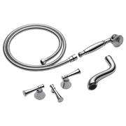 Chrome tub filler trim kit components including two handles, curved spout, handheld showerhead, hose, and mounting hardware.