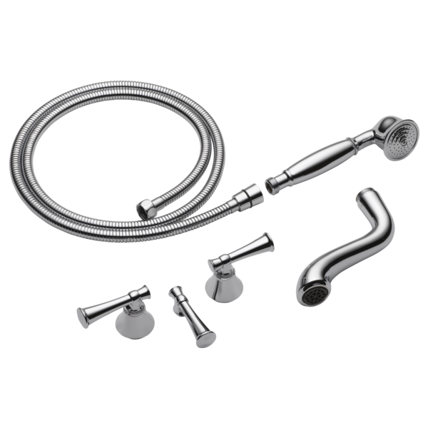 Chrome tub filler trim kit components including two handles, curved spout, handheld showerhead, hose, and mounting hardware.
