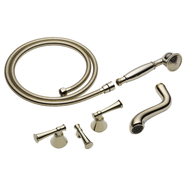 Brushed nickel tub filler trim kit with flexible hose, handheld showerhead, curved spout, and two handle controls.