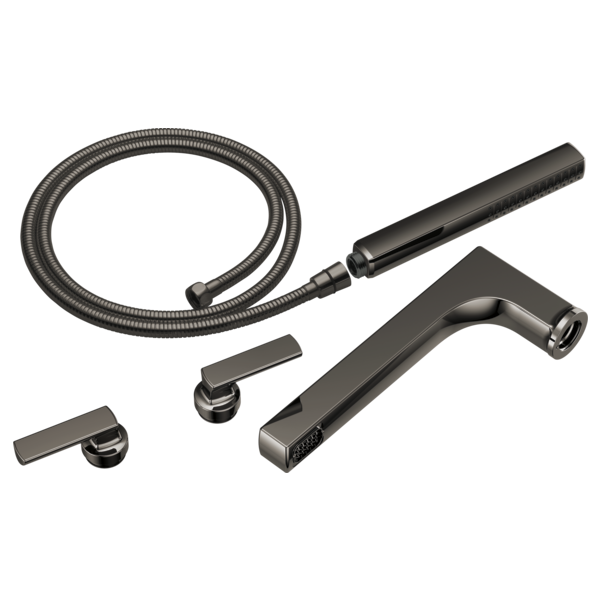 Gunmetal tub filler trim kit with curved spout, two lever handles, flexible hose, and hand shower wand.