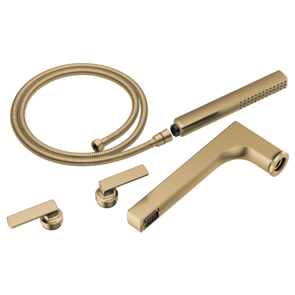Champagne bronze tub filler trim kit with two lever handles, curved spout, handheld showerhead, and flexible hose.