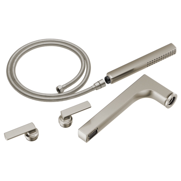 Brushed nickel two-handle tub filler trim kit with lever handles, flexible hose, and handheld showerhead.
