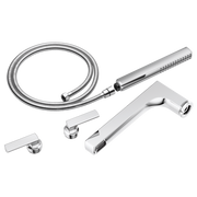 Chrome tub filler trim kit with two lever handles, curved spout, handheld showerhead, and flexible hose.