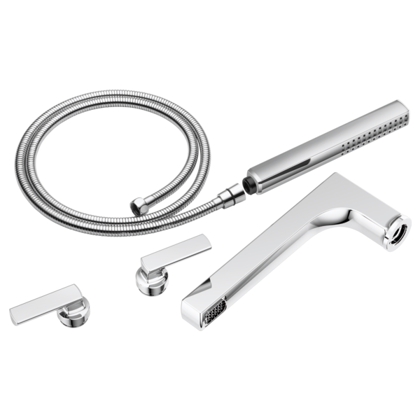 Chrome tub filler trim kit with two lever handles, curved spout, handheld showerhead, and flexible hose.