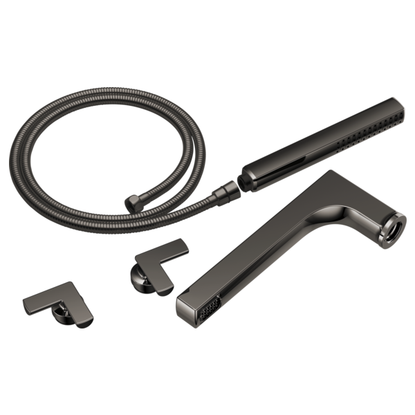 Black tub filler trim kit with two cross handles, spout, handheld showerhead, and coiled hose.