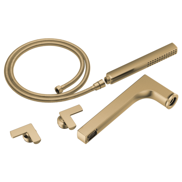 Brass tub filler trim kit with two cross handles, spout, handheld showerhead, and flexible hose.