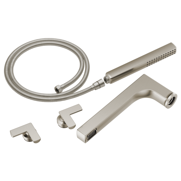 Brushed nickel tub filler trim kit with two cross handles, curved spout, handheld showerhead, and flexible hose.