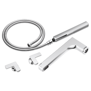 Chrome tub filler trim kit with two cross handles, spout, handheld showerhead, and flexible hose.