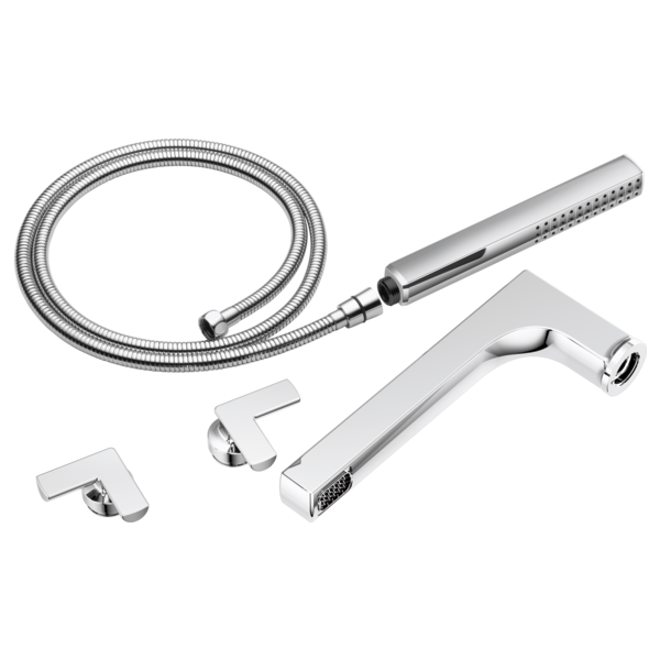 Chrome tub filler trim kit with two cross handles, spout, handheld showerhead, and flexible hose.
