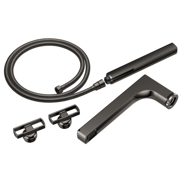 Chrome tub filler trim kit with two rectangular knob handles, curved spout, flexible hose, and handheld shower head in matte 