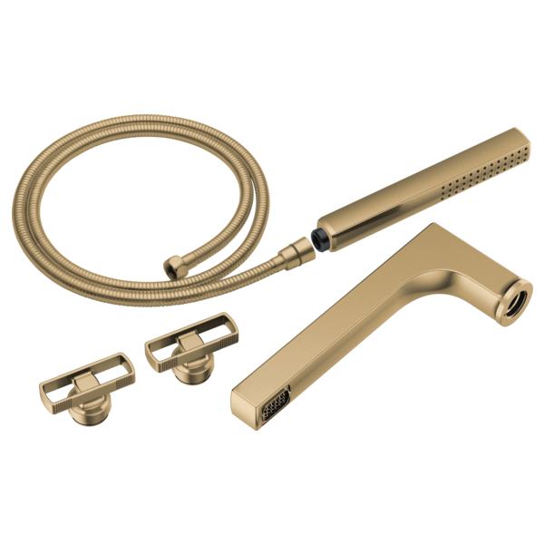 Brass tub filler trim kit with two rectangular knob handles, curved spout, handheld showerhead, and flexible hose.