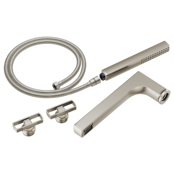Brushed nickel tub filler trim kit with two knob handles, curved spout, handheld showerhead, and flexible hose.