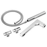 Chrome tub filler trim kit with two knob handles, curved spout, handheld showerhead, flexible hose, and mounting brackets.