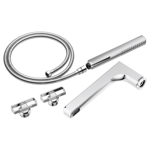 Chrome tub filler trim kit with two knob handles, curved spout, handheld showerhead, flexible hose, and mounting brackets.