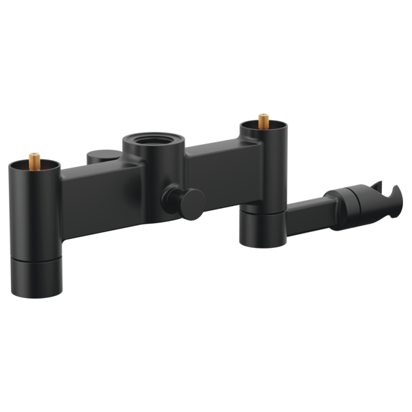Black matte Brizo Kintsu tub filler body assembly with two cylindrical mounting posts and brass accents, without handles.