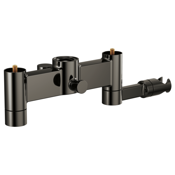 Black metal tub filler body assembly with cylindrical spouts, two handle mounting points, and brass accents.