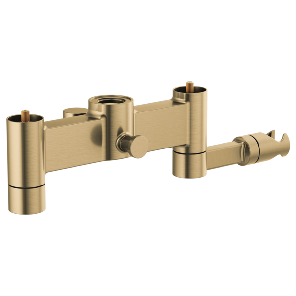 Brizo Kintsu brushed gold tub filler body assembly with cylindrical valve ports and control stems, handles not included.