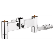 Polished chrome tub filler body assembly with two cylindrical ports and brass accents, handles not included.