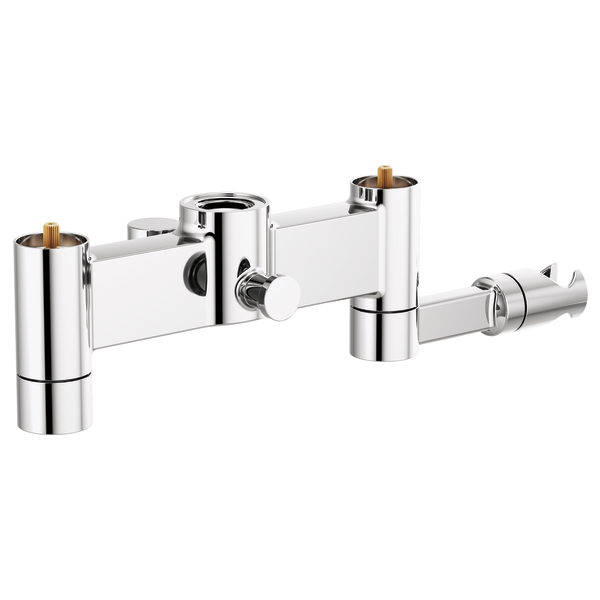 Polished chrome tub filler body assembly with two cylindrical ports and brass accents, handles not included.