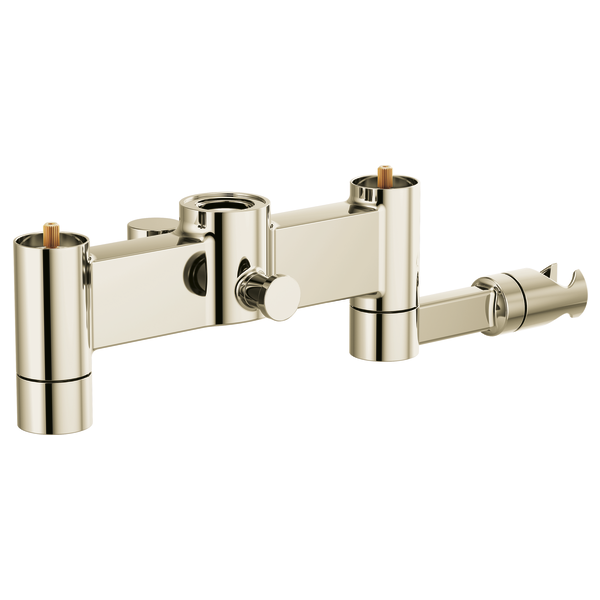 Brizo Kintsu tub filler body assembly in polished nickel with cylindrical spouts and mounting hardware, handles not included.