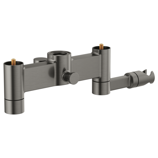 Brushed nickel tub filler body assembly with two cylindrical ports and brass valve stems, without handles attached.