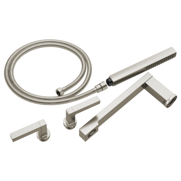 Brushed nickel tub filler trim kit with two lever handles, flexible hose, and handheld showerhead.