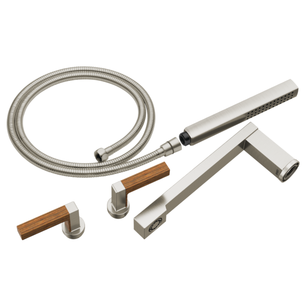 Chrome tub filler trim kit with two lever handles featuring wood grips, handheld showerhead, and flexible hose.