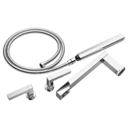 Chrome tub filler trim kit with two lever handles, spout, handheld showerhead with hose, and mounting components.