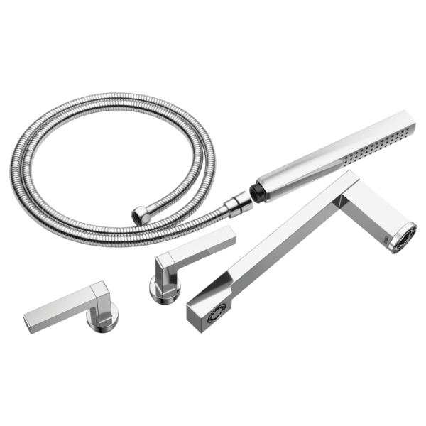 Chrome tub filler trim kit with two lever handles, spout, handheld showerhead with hose, and mounting components.