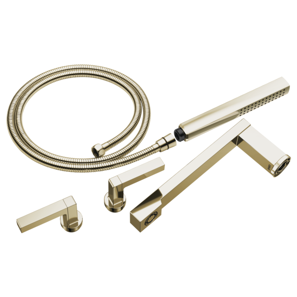 Brushed nickel two-handle tub filler trim kit with lever handles, flexible hose, and handheld showerhead.
