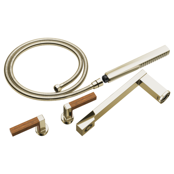 Chrome and brass tub filler trim kit with two wooden lever handles, flexible hose, and handheld showerhead.