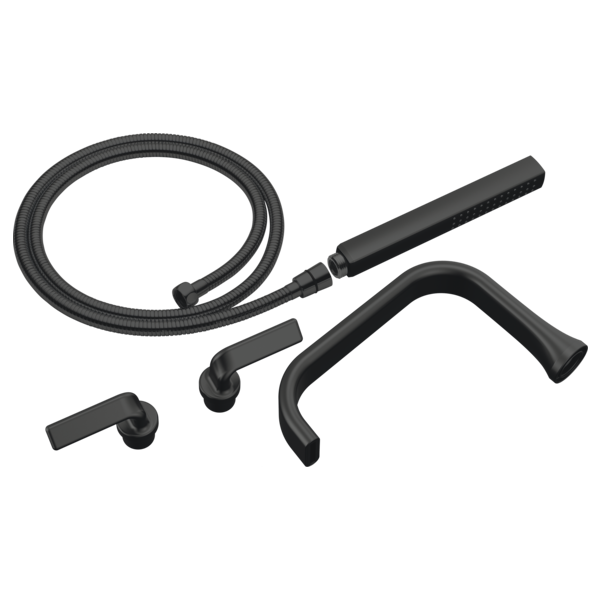Black tub filler trim kit components including two curved handles, hose, and spout pieces.