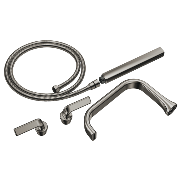 Chrome tub filler trim kit with two rectangular lever handles, curved spout, flexible hose, and handheld showerhead.