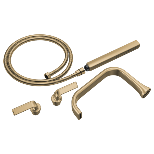 Champagne bronze tub filler trim kit with two lever handles, curved spout, handheld shower head, and hose.
